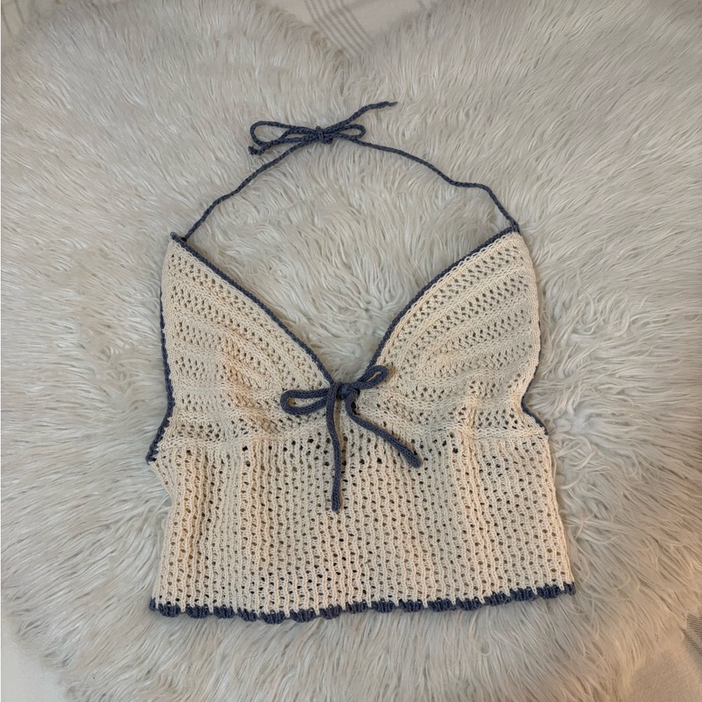 ROMWE Crochet Halter Crop Top - Cream and Blue